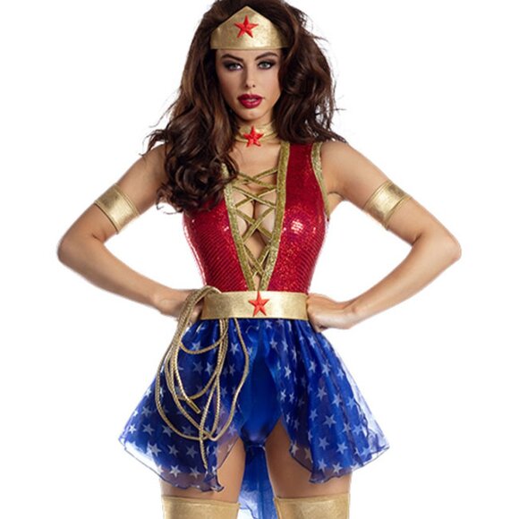 S Wonder Woman Babe Sequin Superhero Costume Sexy - Picture 1 of 3